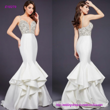 Deep V Beading Spaghetti Sheath Bodice Evening Dress with Ruffles Skirt